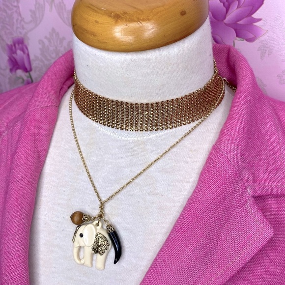 🌹 Set of 2 🌹 White Gold Elephant Pendant Necklace w/ Charms & Gold Toned Choker🌹 - Picture 2 of 16